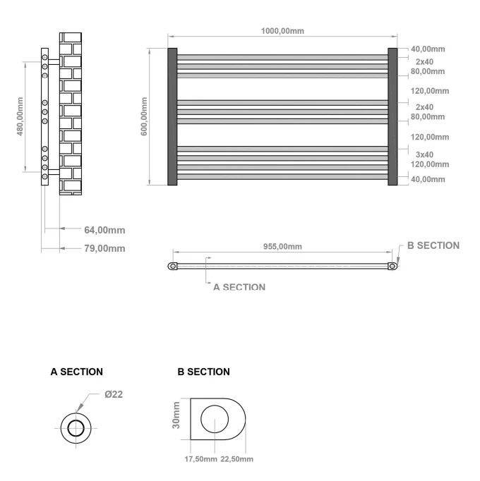 Eastbrook Wingrave Handdoekradiator 100x60cm Chroom 355W - Afbeelding 2