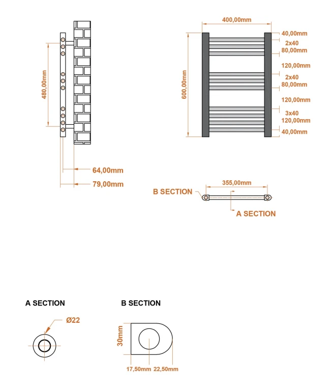 Eastbrook Wingrave Handdoekradiator 40x60cm Chroom 167W - Afbeelding 2