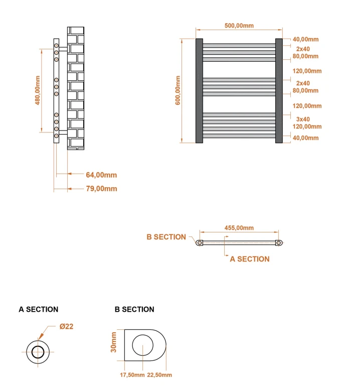 Eastbrook Wingrave Handdoekradiator 50x60cm Grijs Mat 309W - Afbeelding 2