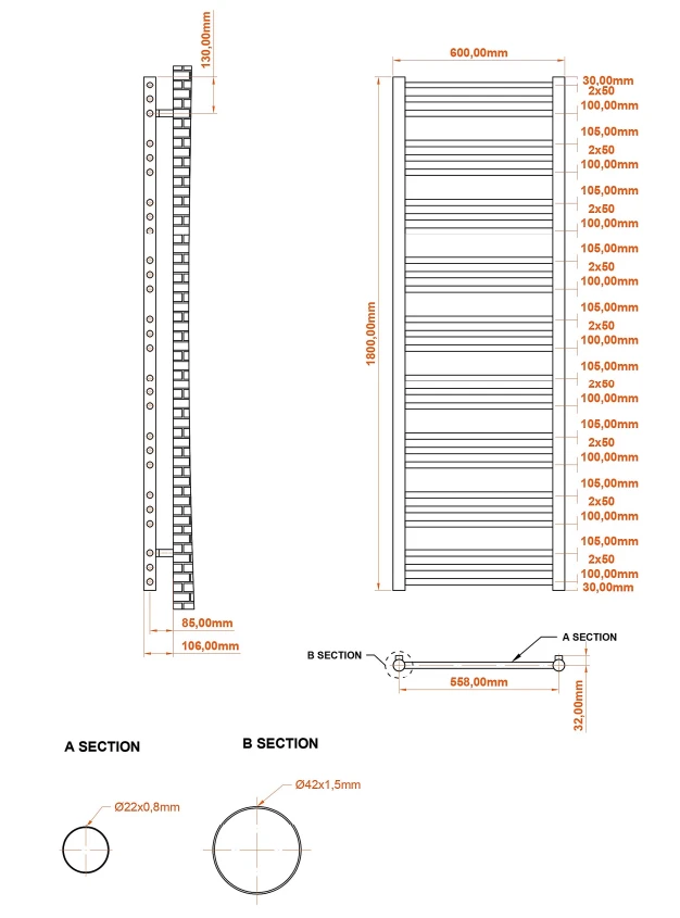 Eastbrook Corinium Handdoekradiator 60x180cm 1058W Zwart Mat - Afbeelding 4