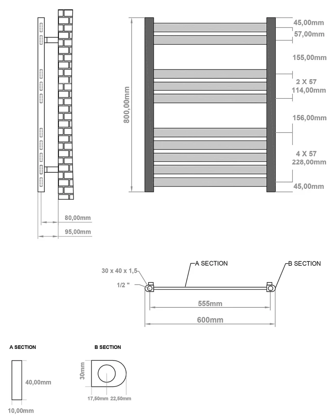 Eastbrook Defford Handdoekradiator 60x80cm 467W Antraciet - Afbeelding 4