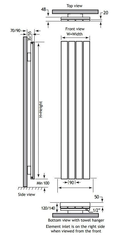 Eastbrook Rosano Verticale Aluminium Radiator 28x60cm Mat Antraciet 316 Watt - Afbeelding 5