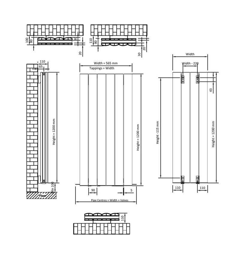 Eastbrook Guardia Radiator 55x120cm Aluminium 1920W Zwart Mat - Afbeelding 3