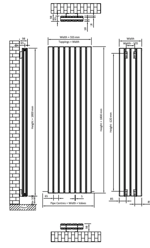Eastbrook Hadleigh Radiator 55x180cm Aluminium 2006W Zwart Mat - Afbeelding 4