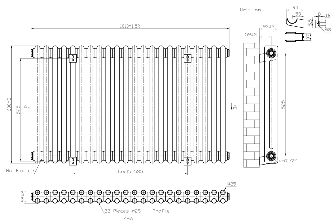 Eastbrook Imperia 2 Koloms Radiator 100x60cm 1407W Wit Glans - Afbeelding 4
