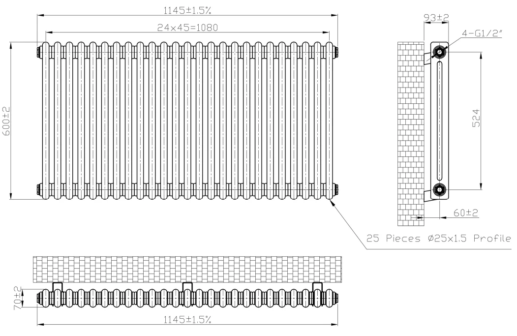 Eastbrook Imperia 2 Koloms Radiator 115x60cm 1588W Antraciet - Afbeelding 4