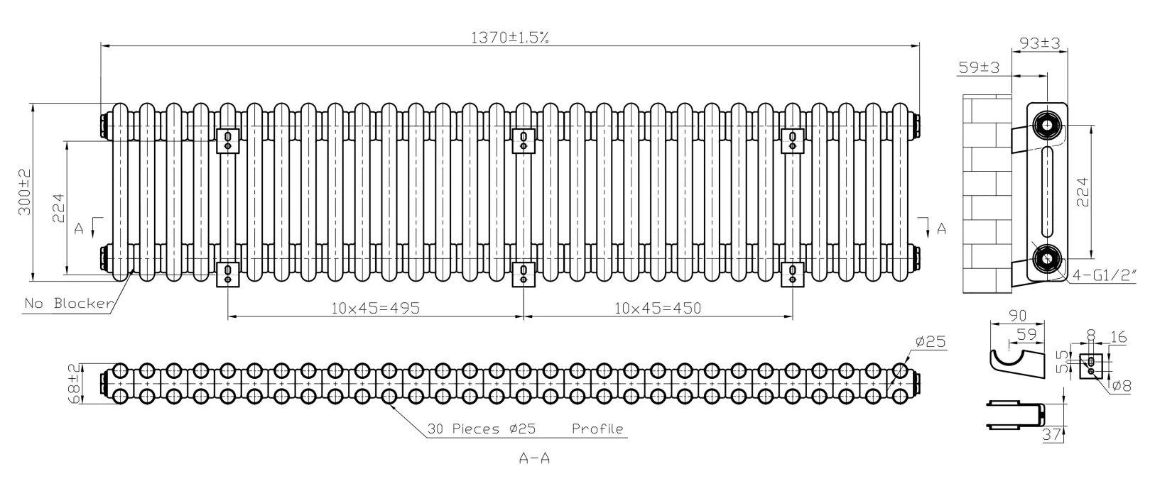 Eastbrook Imperia 2 Koloms Radiator 135x30cm 1048W Wit Glans - Afbeelding 4