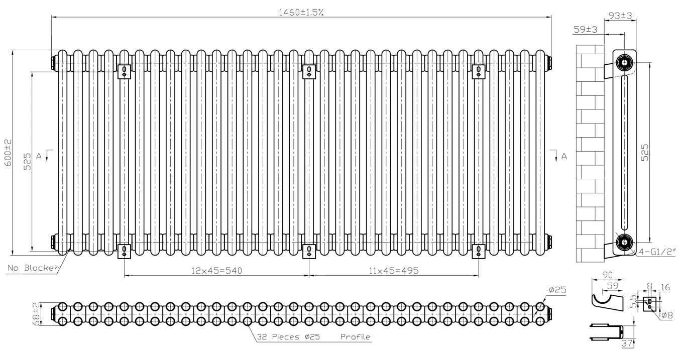 Eastbrook Imperia 2 Koloms Radiator 145x60cm 2046W Wit Glans - Afbeelding 4