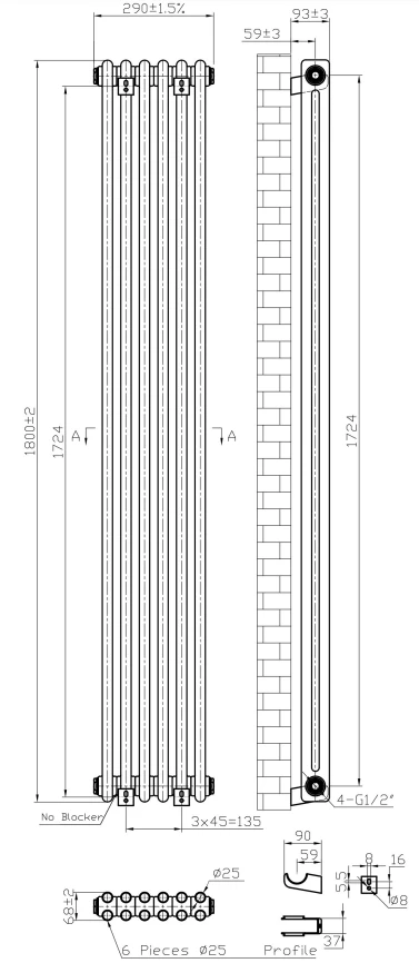 Eastbrook Imperia 2 Koloms Radiator 30x180cm 1078W Antraciet - Afbeelding 4