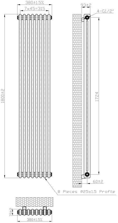 Eastbrook Imperia 2 Koloms Radiator 40x180cm 1190W Antraciet - Afbeelding 4