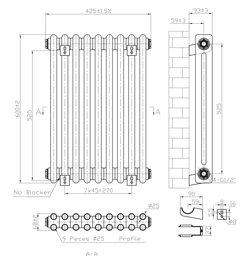Eastbrook Imperia 2 Koloms Radiator 40x60cm 576W Antraciet - Afbeelding 4