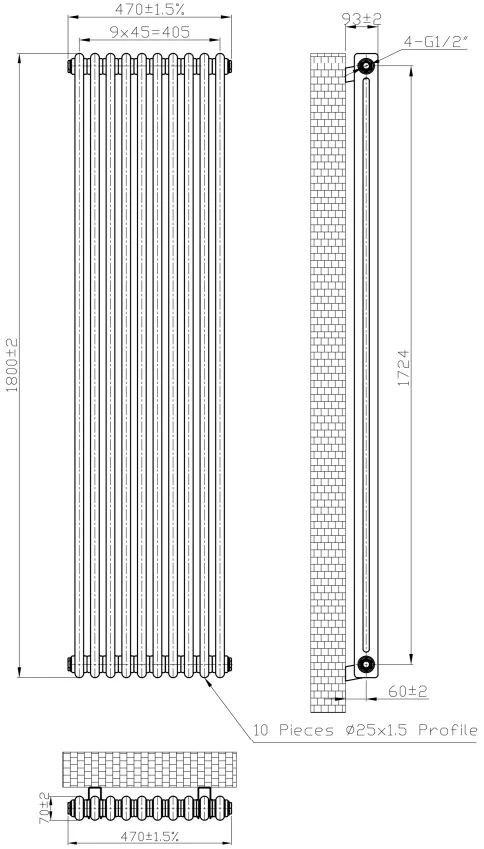 Eastbrook Imperia 2 Koloms Radiator 45x180cm 1487W Wit Glans - Afbeelding 4