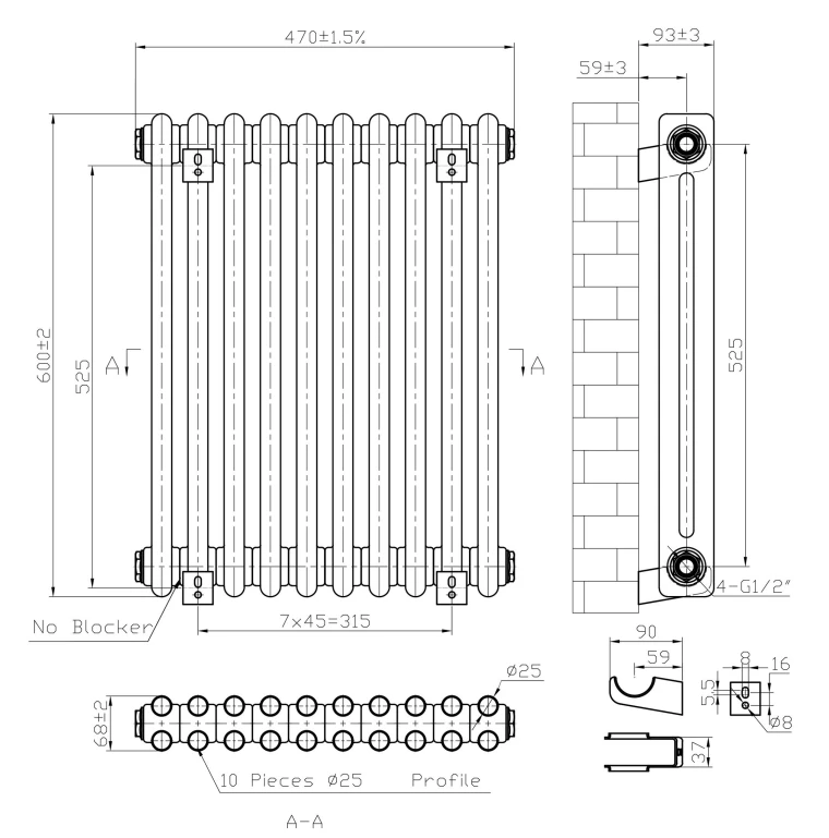 Eastbrook Imperia 2 Koloms Radiator 45x60cm 639W Antraciet - Afbeelding 4