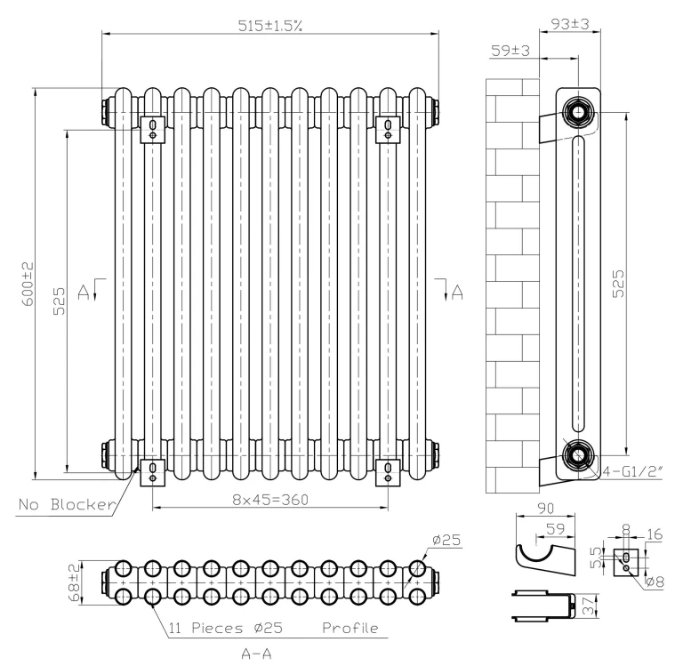 Eastbrook Imperia 2 Koloms Radiator 50x60cm 704W Wit Glans - Afbeelding 4