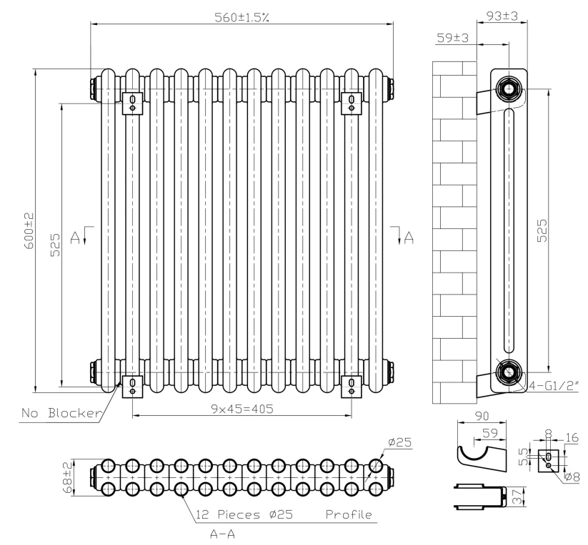 Eastbrook Imperia 2 Koloms Radiator 55x60cm 767W Wit Glans - Afbeelding 4