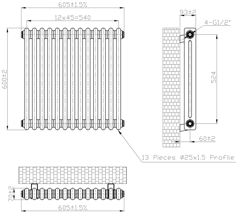 Eastbrook Imperia 2 Koloms Radiator 60x60cm 826W Metaal - Afbeelding 4