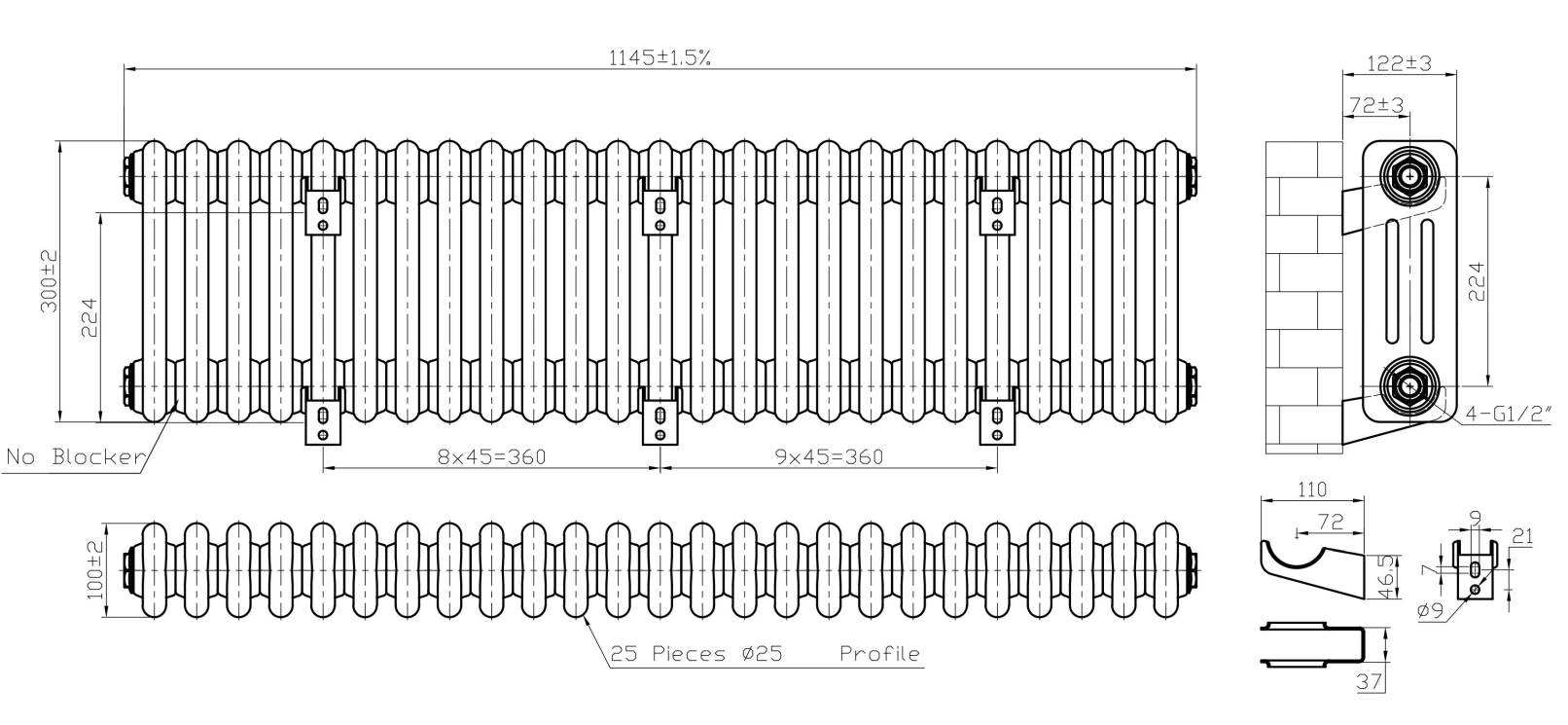 Eastbrook Imperia 3 Koloms Radiator 115x30cm 1278W Antraciet - Afbeelding 4