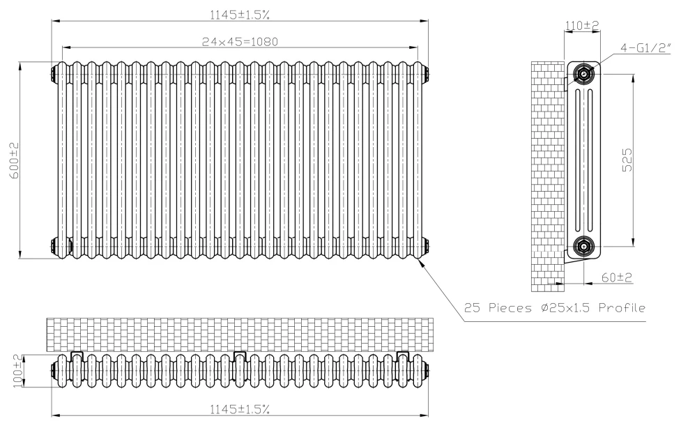 Eastbrook Imperia 3 Koloms Radiator 115x60cm 2362W Antraciet - Afbeelding 4