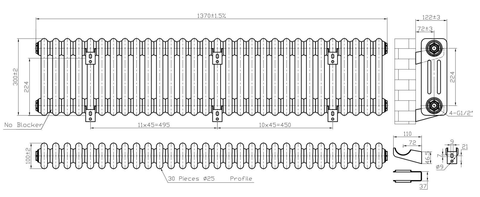 Eastbrook Imperia 3 Koloms Radiator 135x30cm 1436W Antraciet - Afbeelding 4