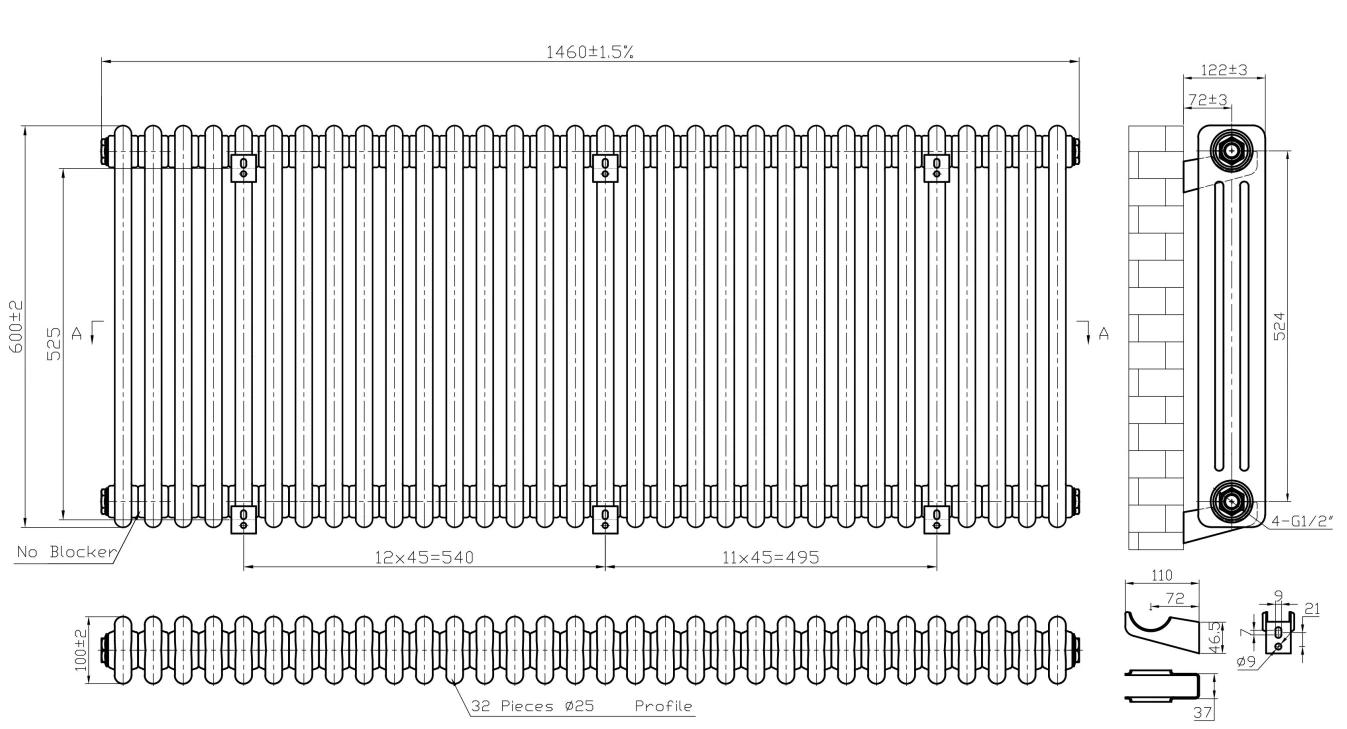 Eastbrook Imperia 3 Koloms Radiator 145x60cm 3024W Antraciet - Afbeelding 4