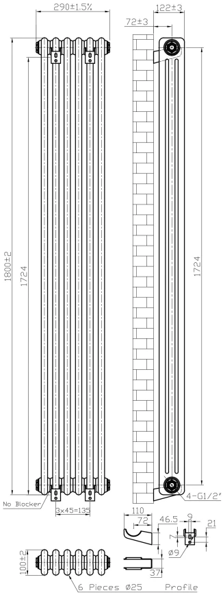 Eastbrook Imperia 3 Koloms Radiator 30x180cm 1608W Wit Glans - Afbeelding 4