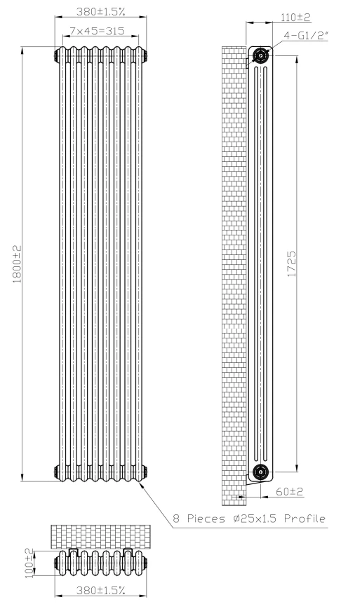 Eastbrook Imperia 3 Koloms Radiator 40x180cm 2099W Antraciet - Afbeelding 4