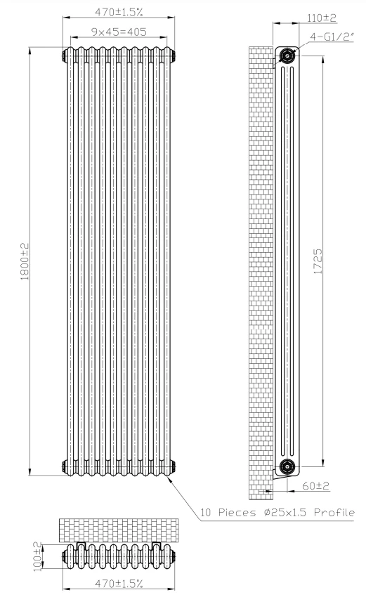 Eastbrook Imperia 3 Koloms Radiator 45x180cm 2623W Metaal - Afbeelding 4