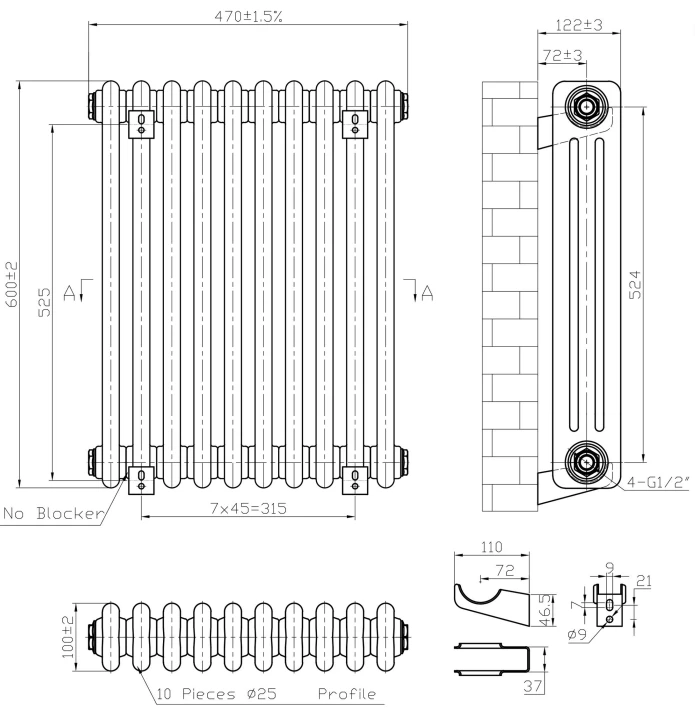Eastbrook Imperia 3 Koloms Radiator 45x60cm 945W Wit Glans - Afbeelding 4