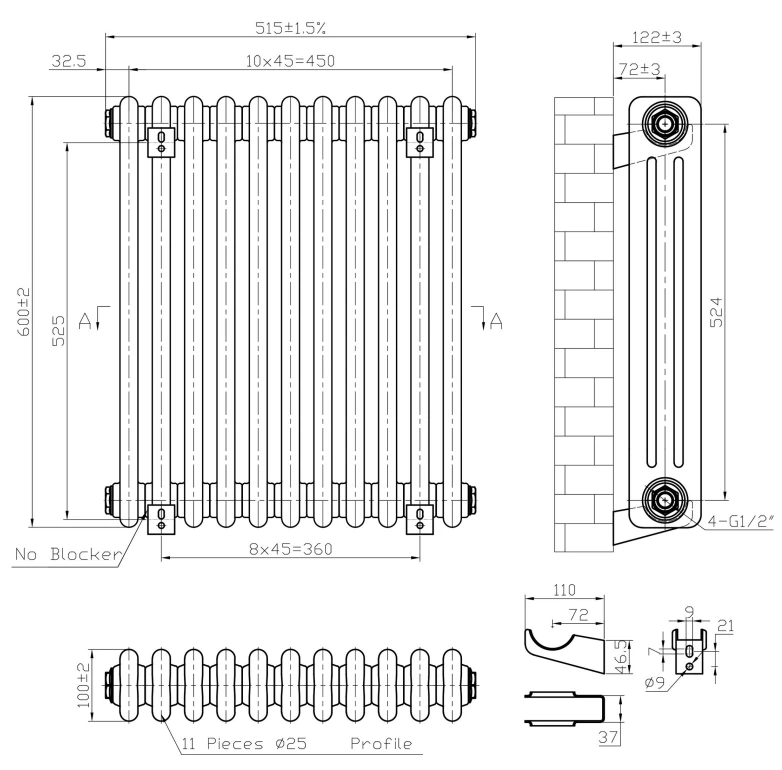 Eastbrook Imperia 3 Koloms Radiator 50x60cm 1040W Wit Glans - Afbeelding 4