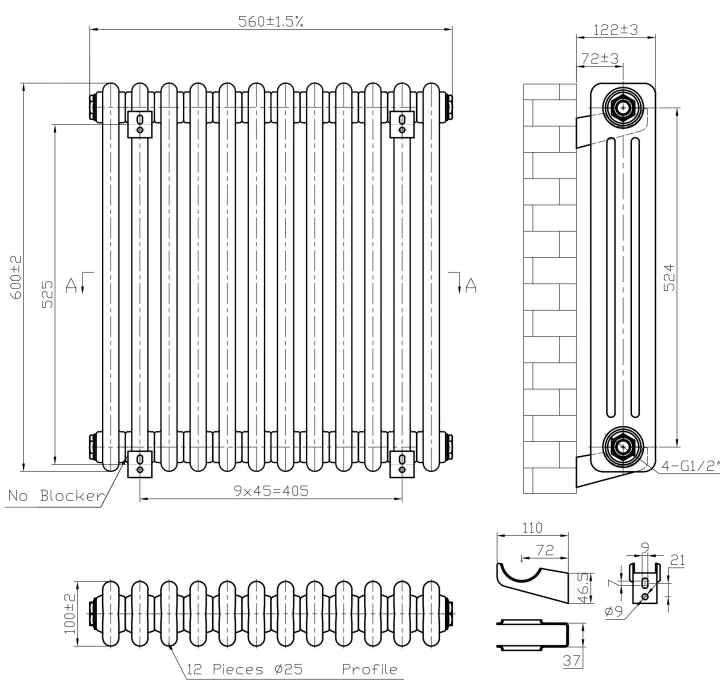 Eastbrook Imperia 3 Koloms Radiator 55x60cm 1134W Antraciet - Afbeelding 4