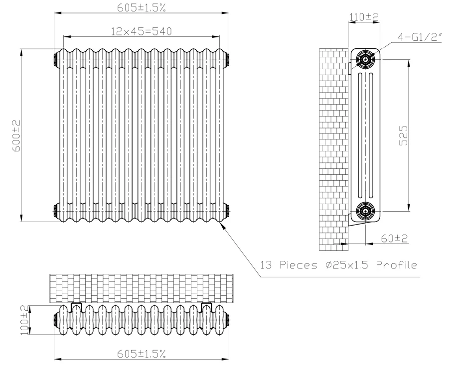 Eastbrook Imperia 3 Koloms Radiator 60x60cm 1081W Antraciet - Afbeelding 4