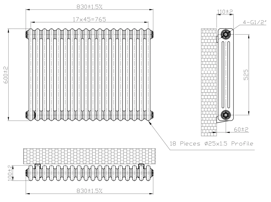 Eastbrook Imperia 3 Koloms Radiator 85x60cm 1498W Wit Glans - Afbeelding 4