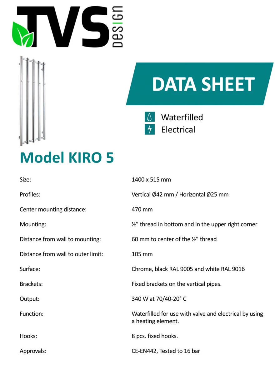 TVS Design Kiro 5 Handdoekradiator Chroom 340W 140x51,5cm - Afbeelding 3