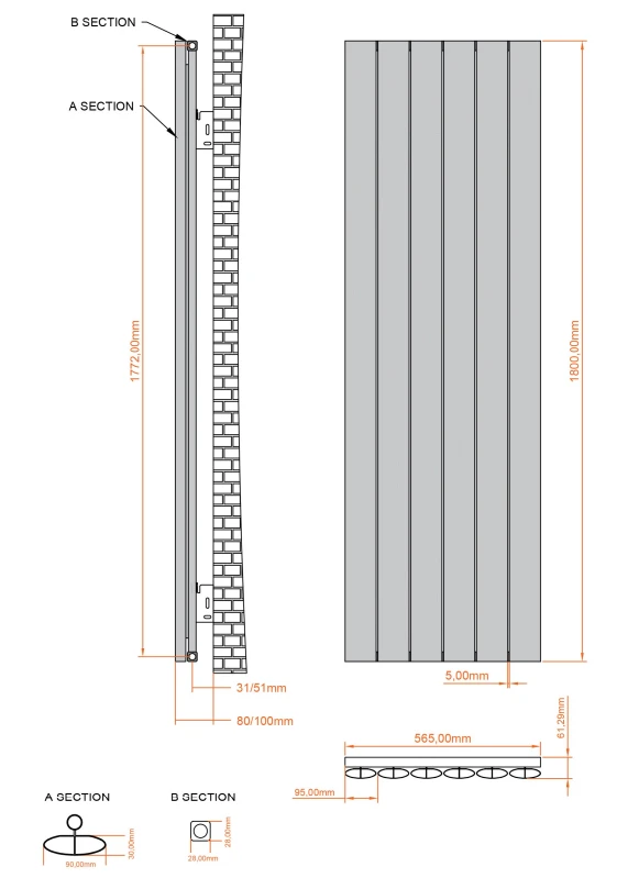 Eastbrook Malmesbury Radiator 55x180cm Aluminium 1560W Grijs Mat - Afbeelding 4