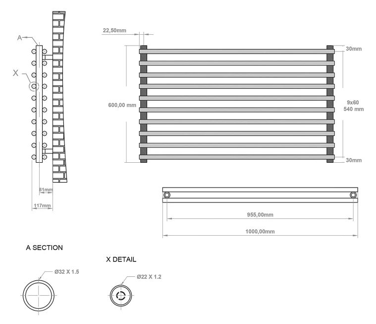 Eastbrook Murano Radiator 100x60cm 1103W Grijs Mat - Afbeelding 2
