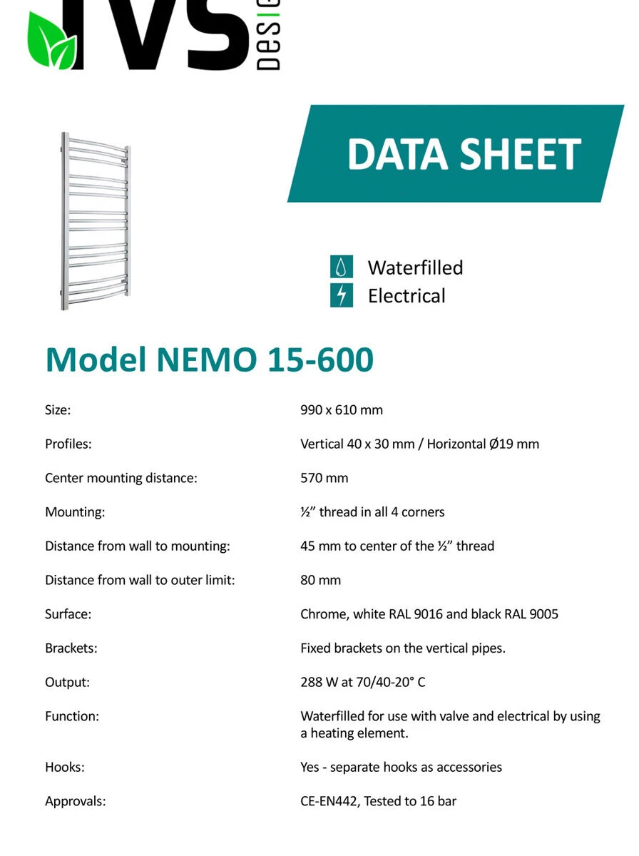 TVS Design Nemo Handdoekradiator Chroom 288W 99x61cm - Afbeelding 2