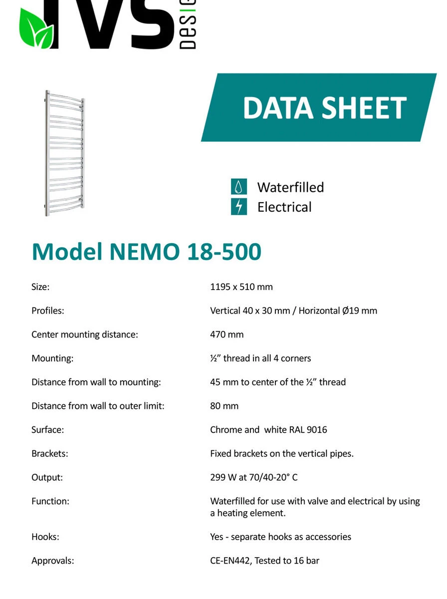 TVS Design Nemo Handdoekradiator Chroom 299W 119,5x51cm - Afbeelding 3