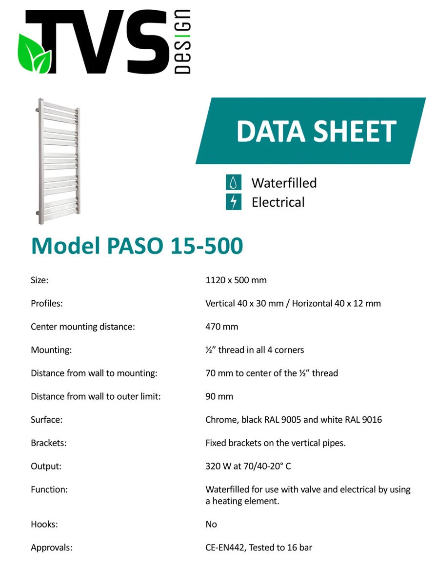 TVS Design Paso Handdoekradiator Chroom 320W 112x50cm - Afbeelding 3