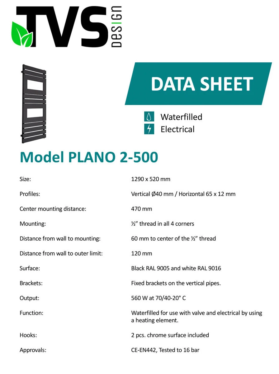 TVS Design Plano Handdoekradiator Zwart 560W 129x52cm - Afbeelding 2