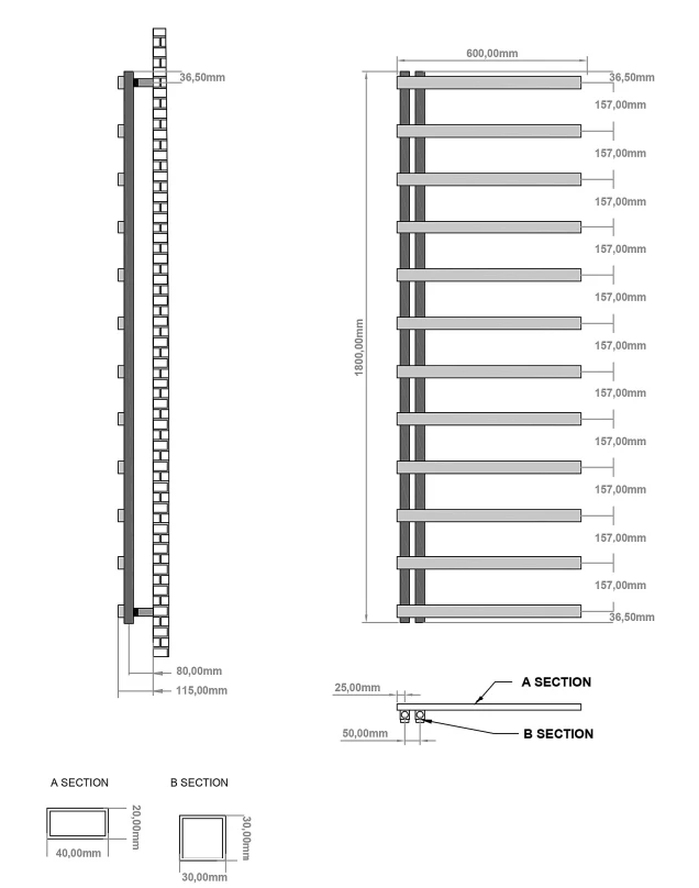 Eastbrook Platani Handdoekradiator 60x180cm 806W Antraciet - Afbeelding 3