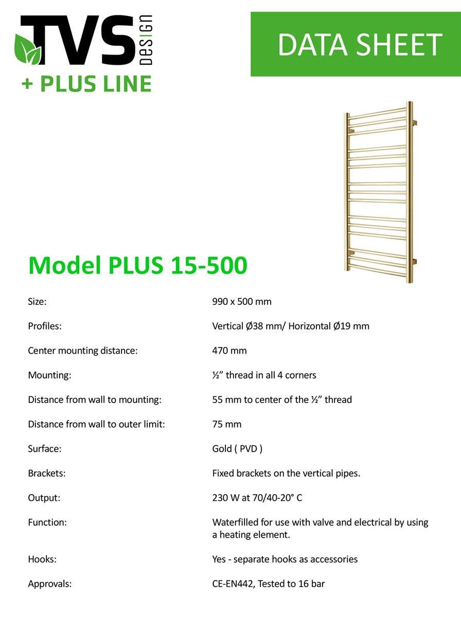 TVS Design Plus Handdoekradiator Goud Geborsteld 230W 99x50cm - Afbeelding 2