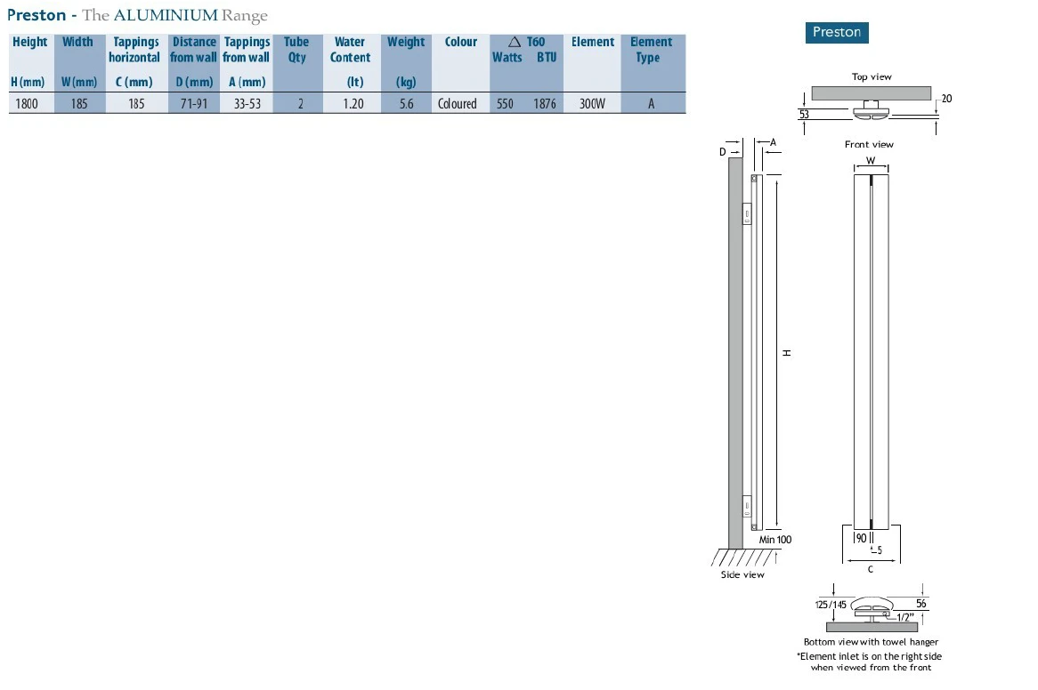 Eastbrook Preston Verticale Aluminium Verwarming 180x18,5cm Mat Zwart 550 Watt - Afbeelding 3