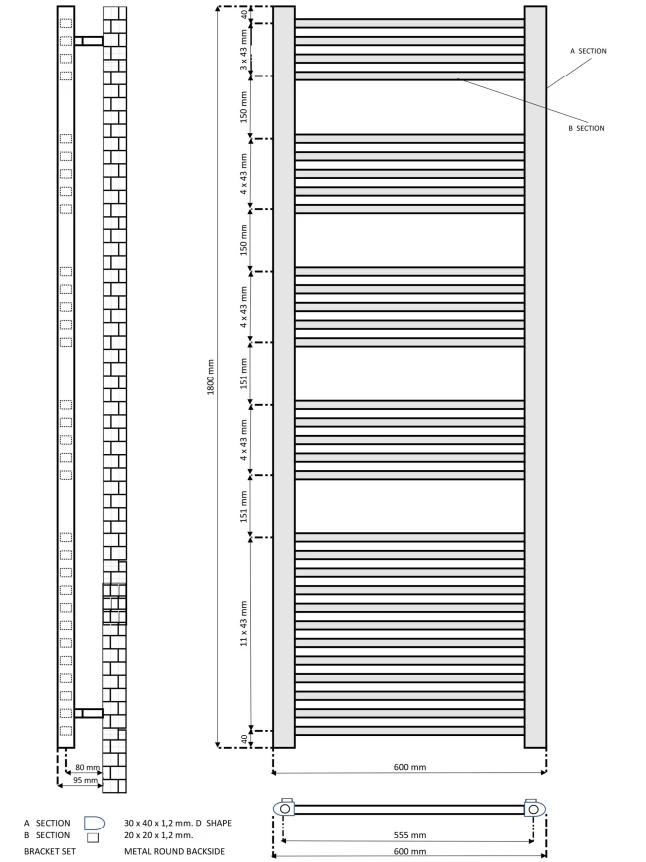 Eastbrook Rion Handdoekradiator 60x180cm 1122W Zwart Mat - Afbeelding 4