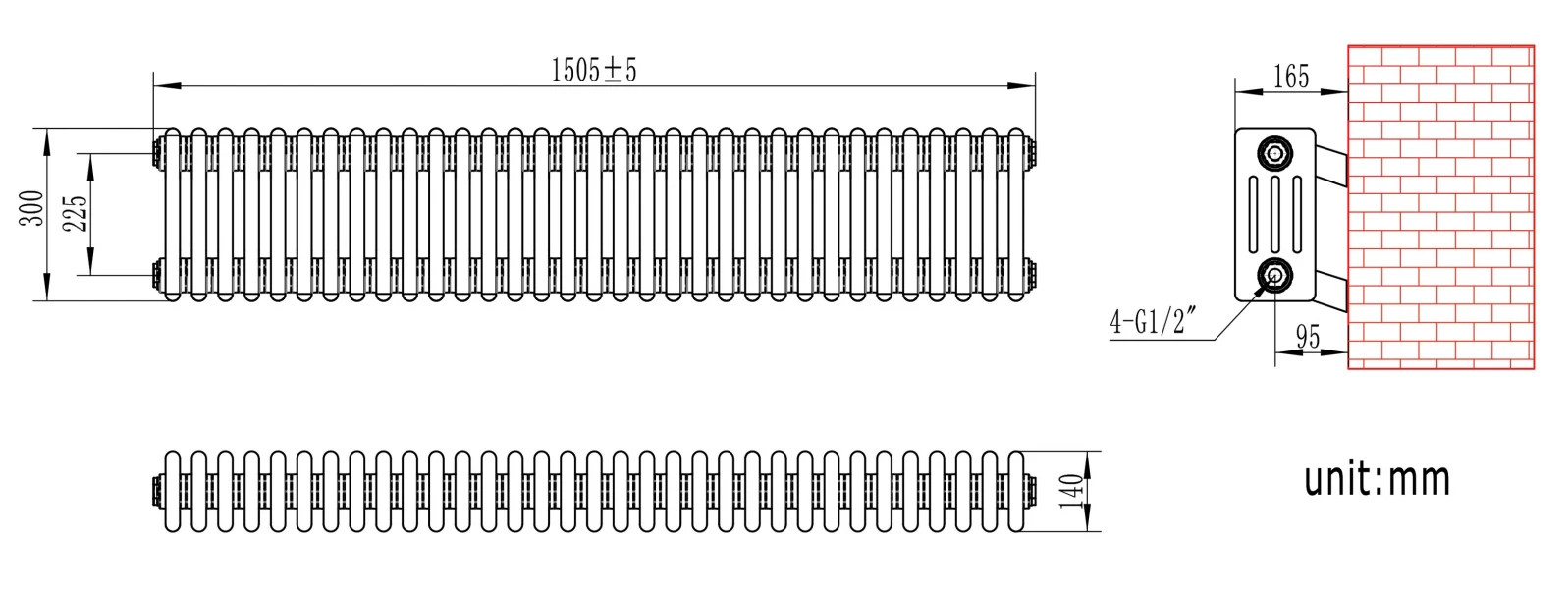 Eastbrook Rivassa 4 Koloms Radiator 150x30cm Staal 1796W Wit Glans - Afbeelding 4