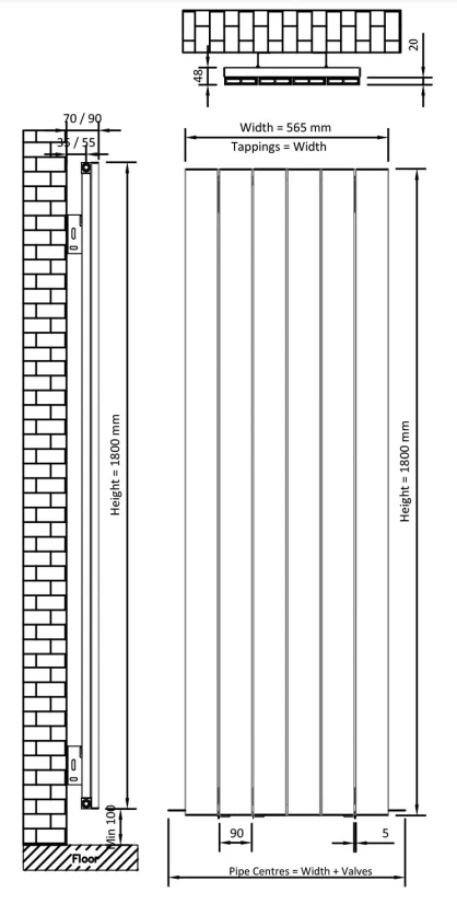 Eastbrook Rosano Radiator 55x180cm Aluminium 1896W Zwart Mat - Afbeelding 5
