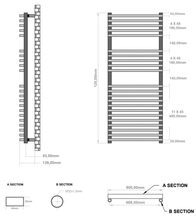 Eastbrook Rowsham Handdoekradiator 50x120cm 869W Wit Mat - Afbeelding 2