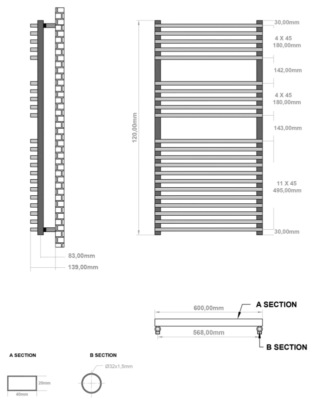 Eastbrook Rowsham Handdoekradiator 60x120cm 938W Antraciet - Afbeelding 2