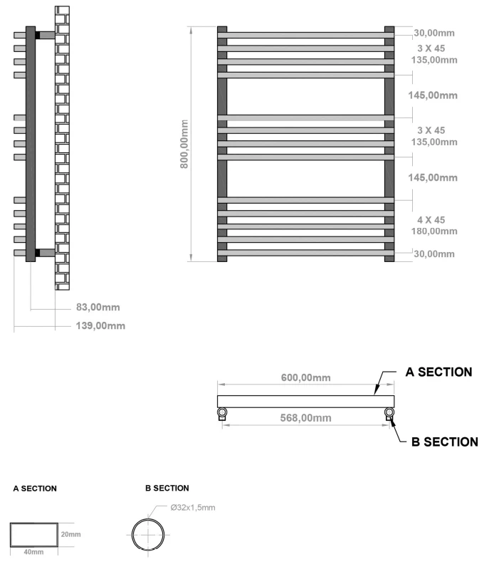 Eastbrook Rowsham Handdoekradiator 60x80cm 627W Antraciet - Afbeelding 2