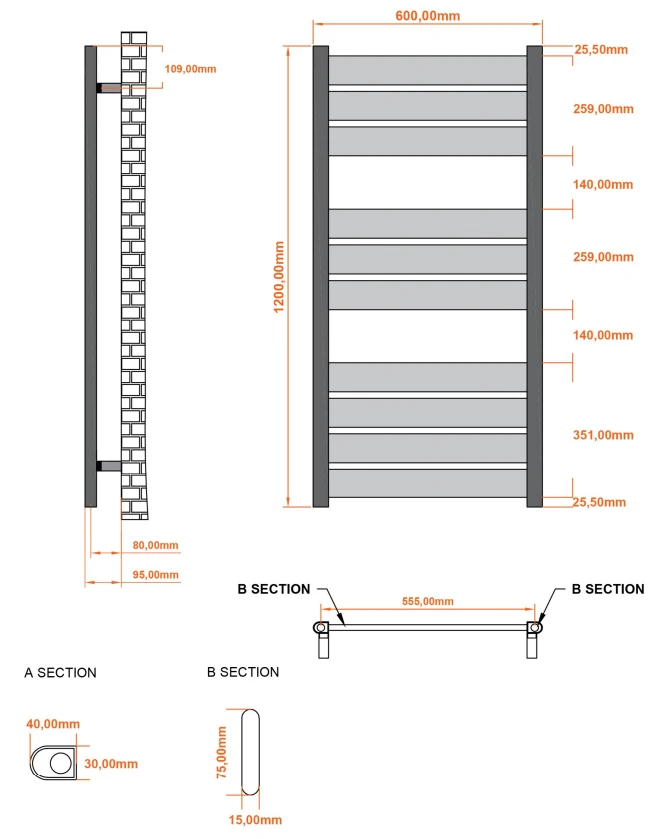 Eastbrook Santero Handdoekradiator 60x120cm 749W Wit Glans - Afbeelding 2