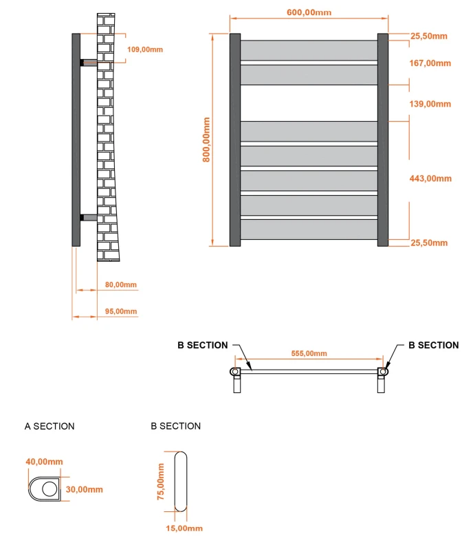 Eastbrook Santero Handdoekradiator 60x80cm 509W Zwart Mat - Afbeelding 2